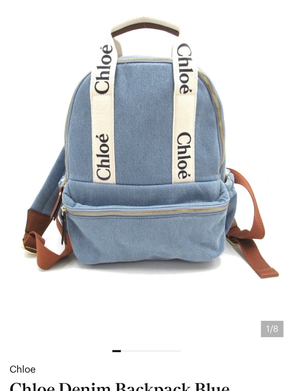 Chloe Blue Denim Backpack with Cream Logo Straps and Brown Accents